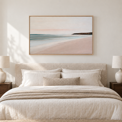 Vague à l'âme – Tableau bord de mer rose poudré et vert d'eau