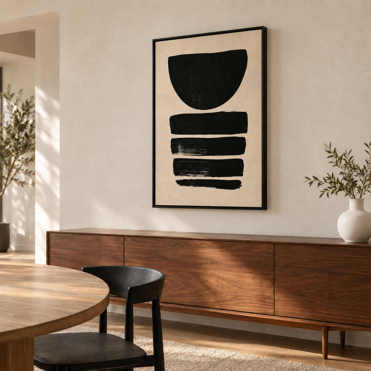 Tableau salle à manger en cadre noir, abstrait noir et beige au-dessus d'un buffet en noyer et d'une table ronde