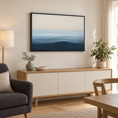 Les lointains – Tableau paysage montagnes bleu nuit et crème