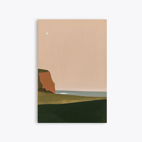 Tableau déco paysage côtier rose pêche et vert sapin, toile sans cadre vue de face, falaise rouille et petite lune