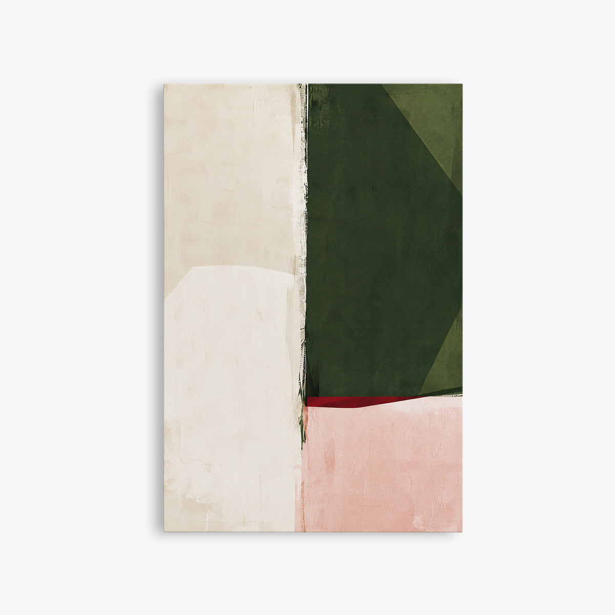 Tableau déco abstrait vert olive et rose poudré, toile sans cadre vue de face, grands aplats crème et trait rouge