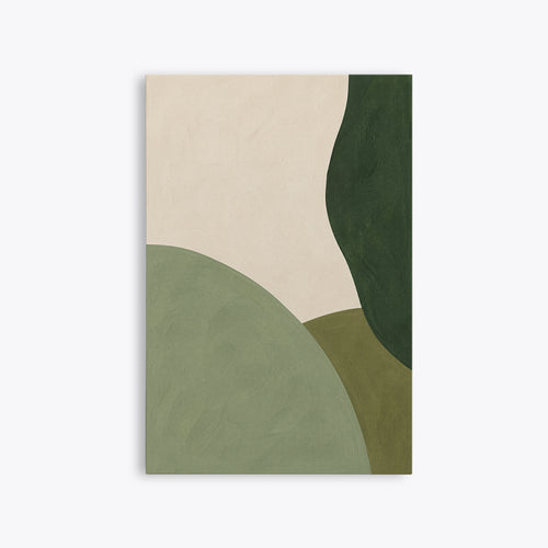 Tableau déco abstrait vert sauge et crème, toile sans cadre vue de face, courbes douces en vert olive et vert forêt