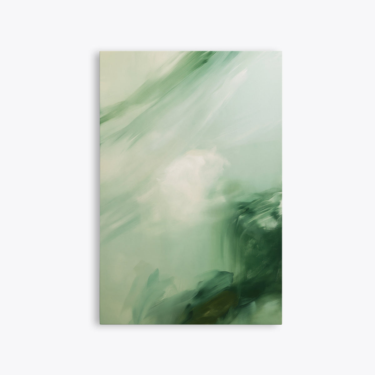 Tableau déco abstrait vert d'eau et vert émeraude, toile sans cadre vue de face, coups de pinceau et lumière blanche