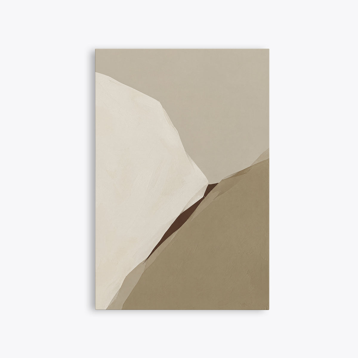 Tableau déco abstrait beige et taupe, toile sans cadre vue de face, deux grands pans crème séparés par une ligne brune