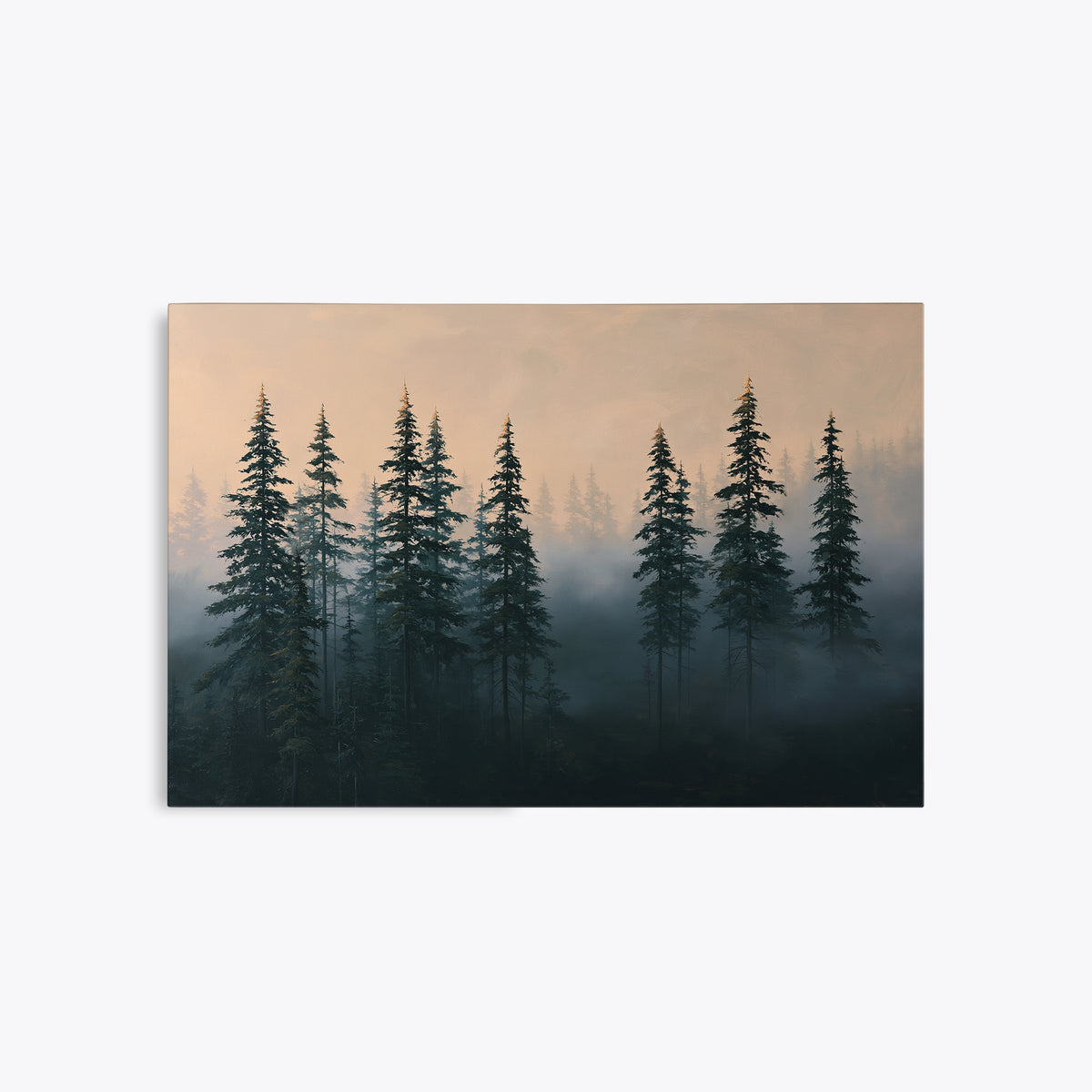 Tableau déco forêt brumeuse vert sapin et pêche, toile sans cadre vue de face, sapins sombres sous un ciel rosé