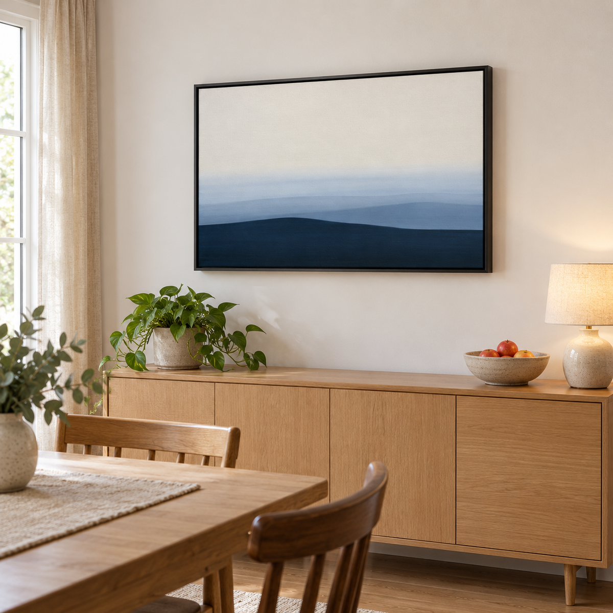 Tableau salle à manger en cadre noir, collines bleues au-dessus d'un buffet en chêne près de la table