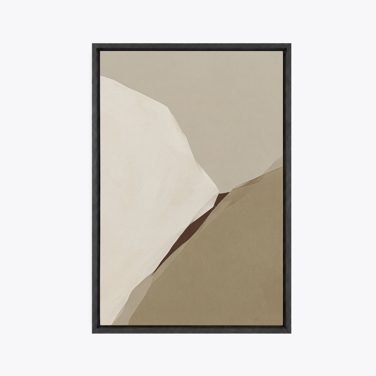 Tableau décoratif minimaliste en cadre noir, vu de face, formes crème et taupe qui se rejoignent en diagonale