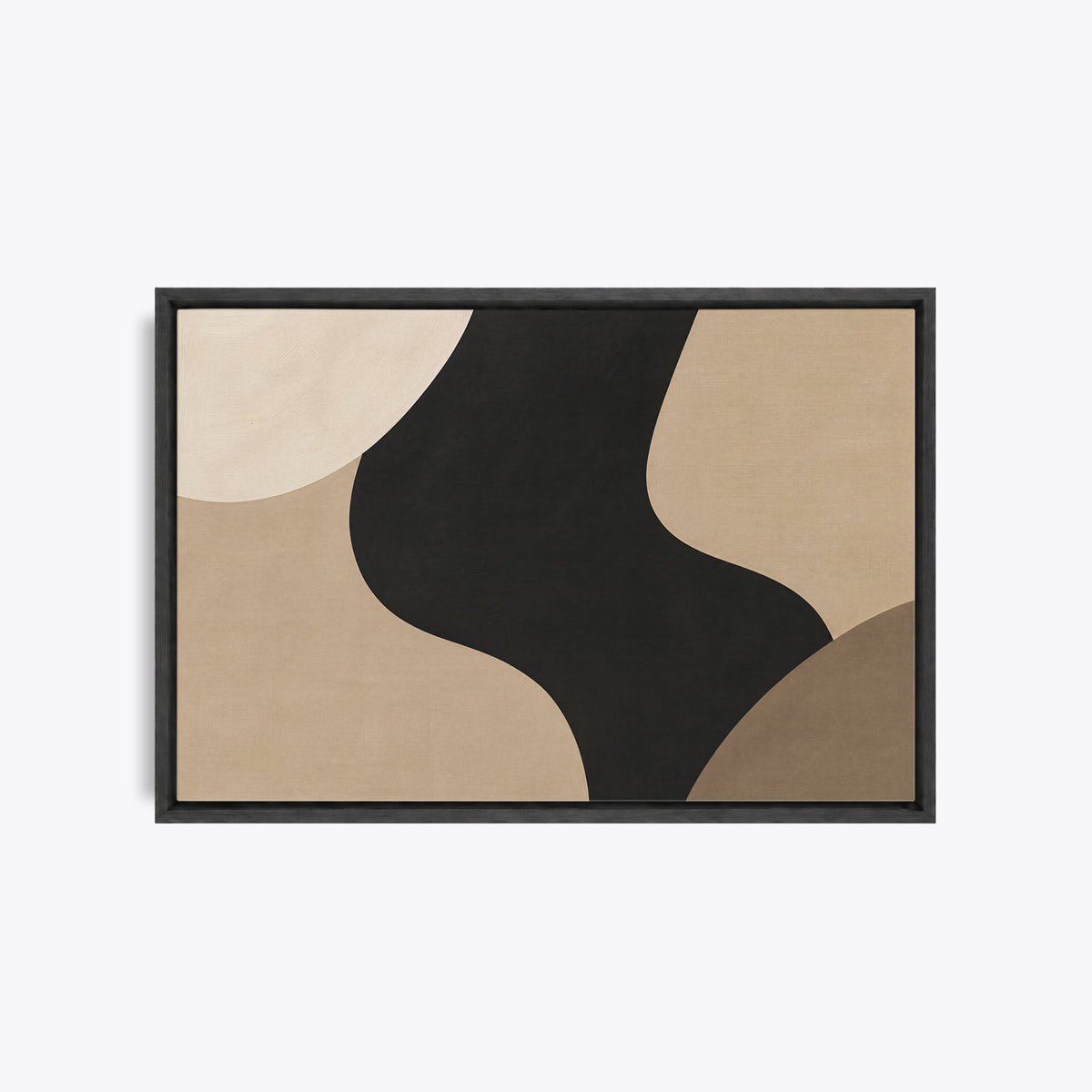 Tableau décoratif abstrait noir et beige en cadre noir, vu de face, courbes organiques et quart de cercle taupe