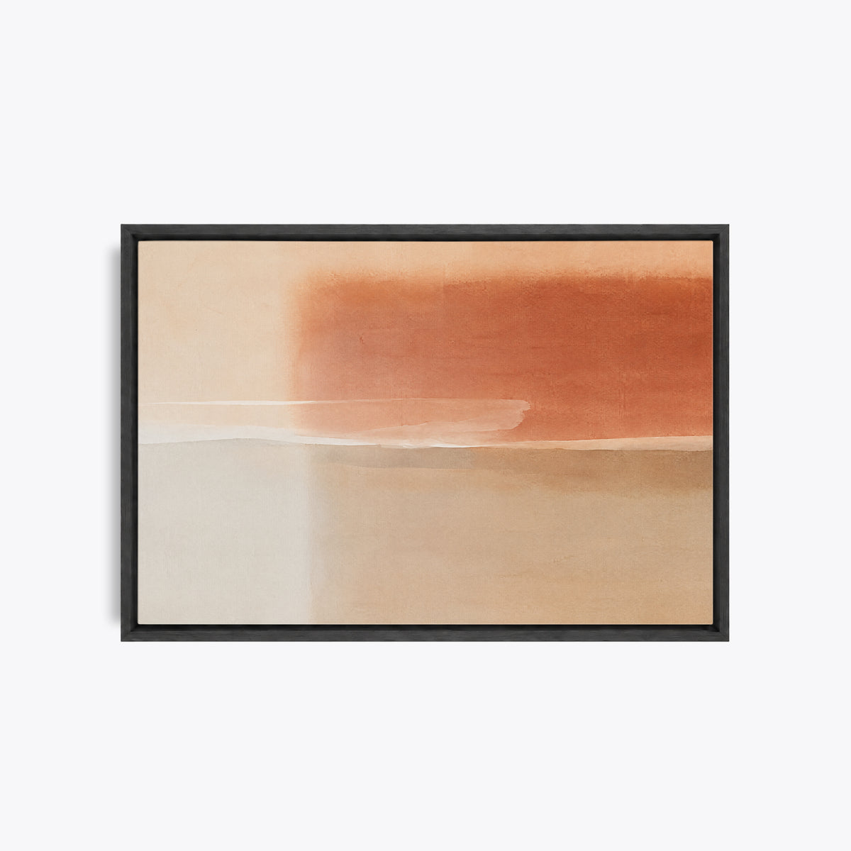 Tableau décoratif abstrait en cadre noir, vu de face, voile terracotta, fine ligne blanche et fond beige lin