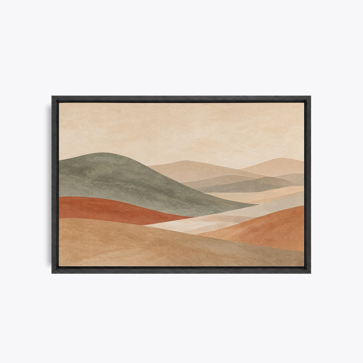 Tableau décoratif collines terracotta, vert sauge et beige en cadre noir, vu de face sur un fond clair
