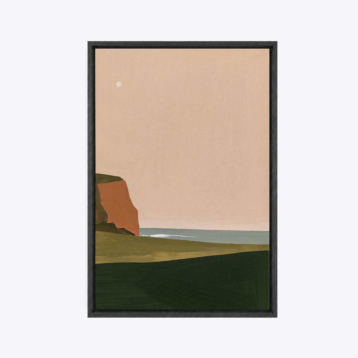 Tableau décoratif bord de mer en cadre noir, vu de face, falaise orangée, mer gris-bleu et lande vert foncé