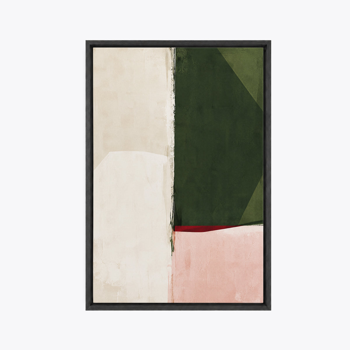 Tableau décoratif abstrait en cadre noir, vu de face, bande vert olive à côté d'un aplat crème et d'un bloc rose