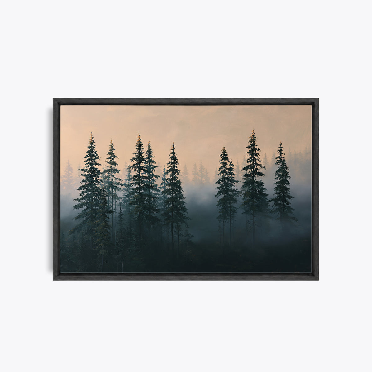 Sylve – Tableau paysage forêt brumeuse vert sapin et pêche