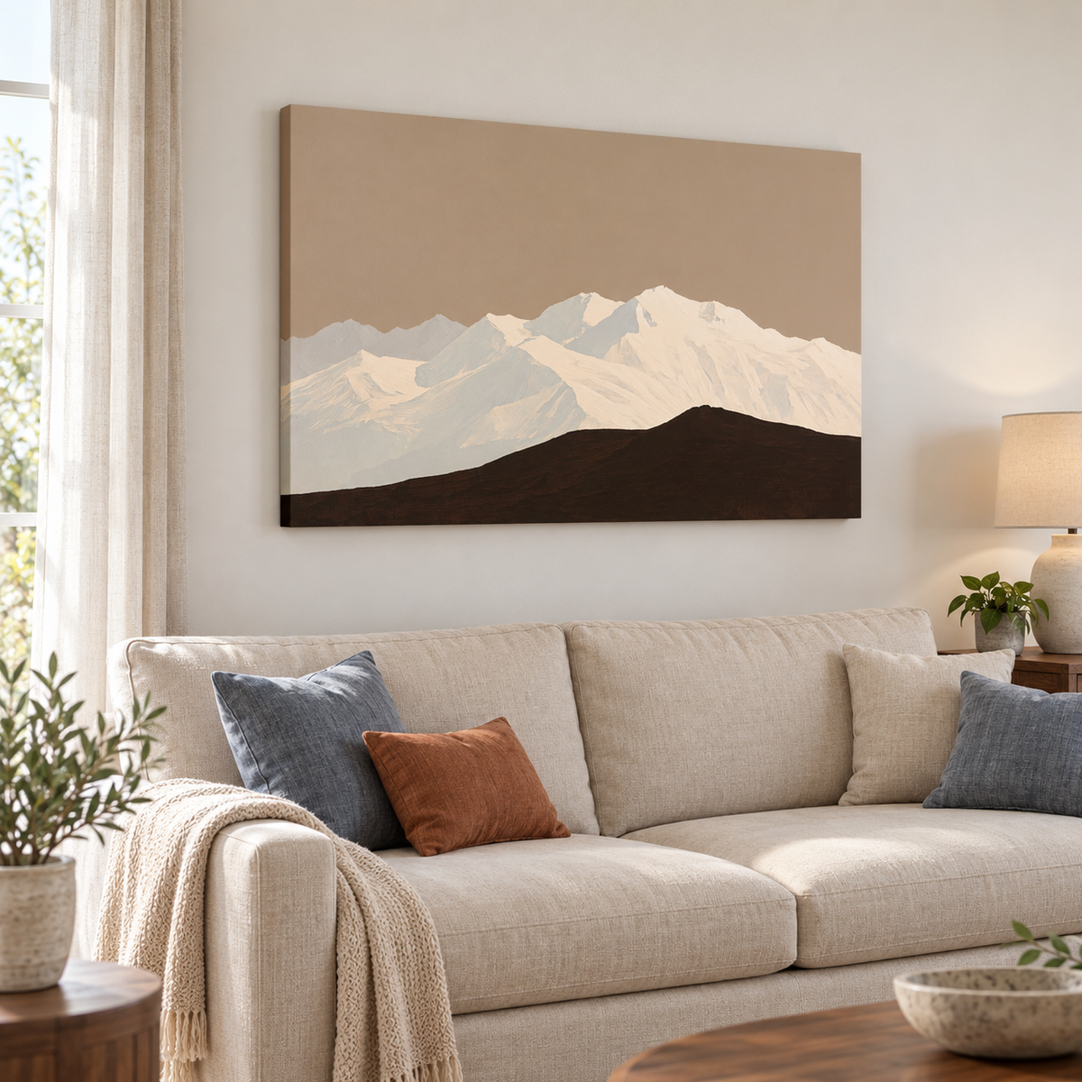 Grand tableau déco salon sur toile sans cadre, montagne enneigée au-dessus d'un canapé lin aux coussins bleus
