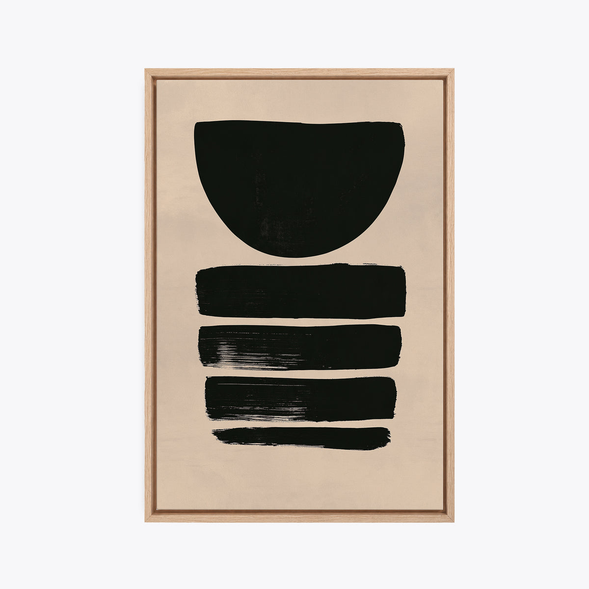 Tableau déco abstrait noir encadré en chêne clair, vue de face, demi-cercle et coups de pinceau horizontaux