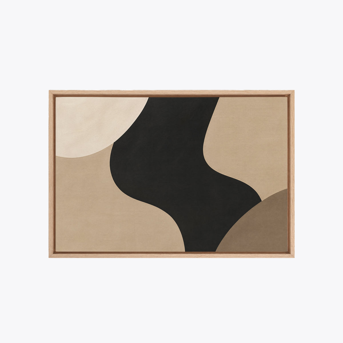 Tableau déco abstrait noir, beige et taupe encadré en chêne clair, vue de face, forme noire entre deux arrondis