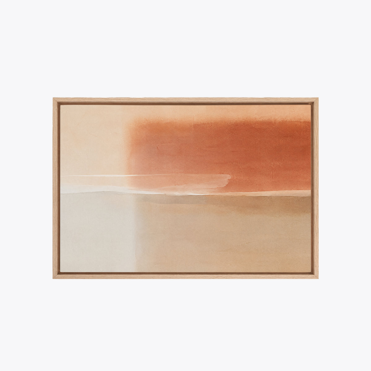 Tableau déco abstrait terracotta encadré en chêne clair, vue de face, couleurs chaudes fondues comme une aquarelle