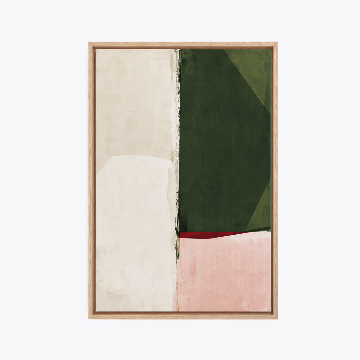 Tableau déco abstrait vert olive, crème et rose encadré en chêne clair, vue de face, texture de peinture visible