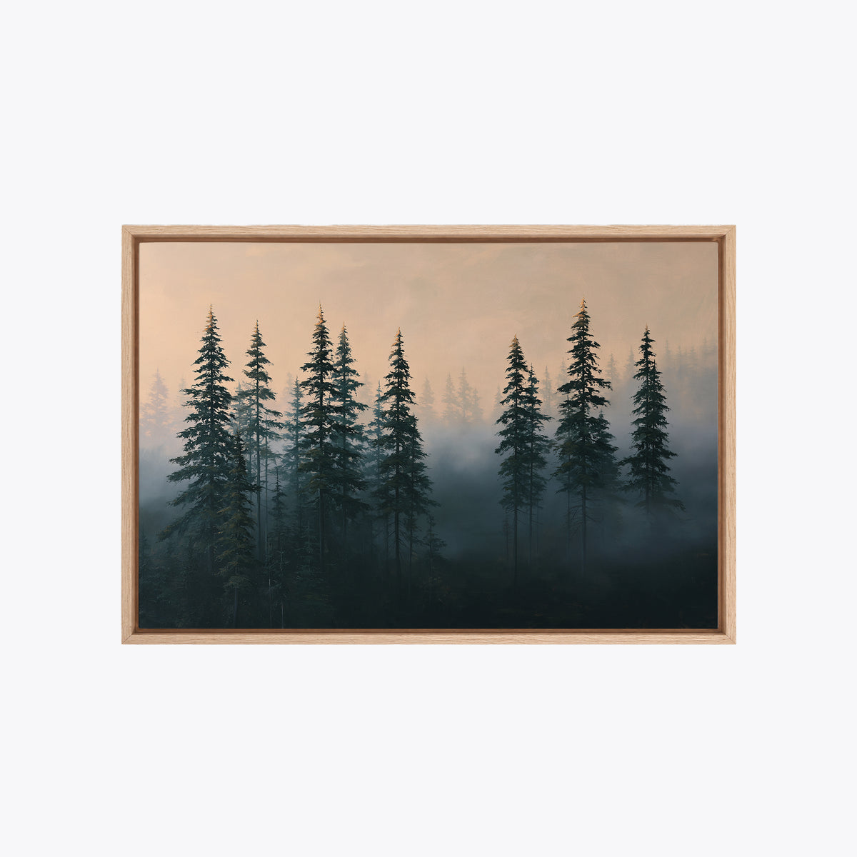Tableau déco paysage forestier encadré en chêne clair, vue de face, sapins vert profond et ciel couleur pêche