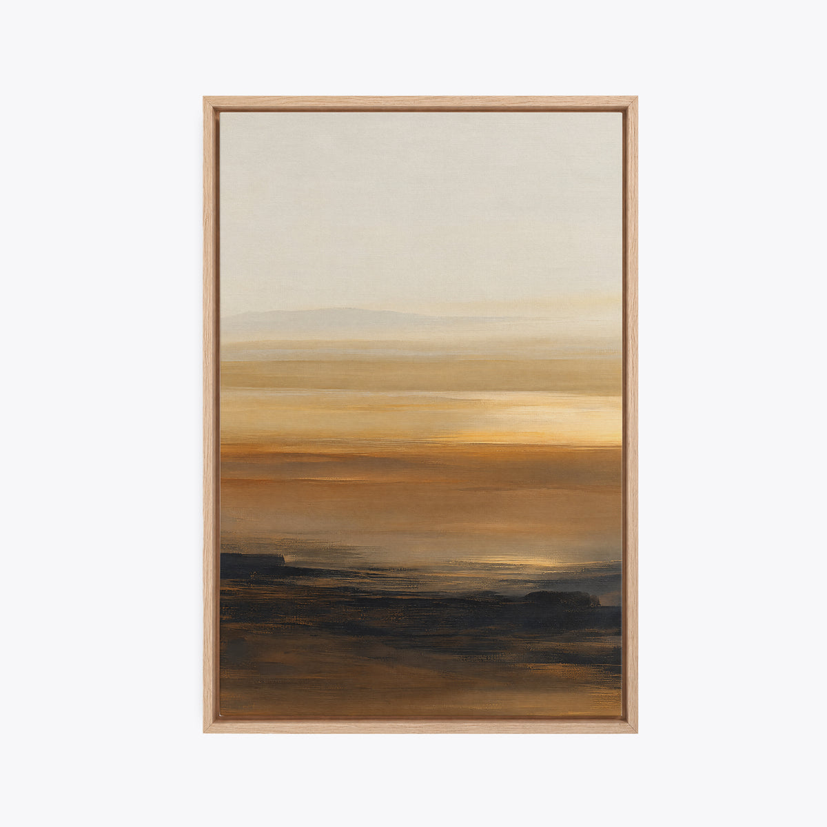 Tableau déco paysage abstrait encadré en chêne clair, vue de face, dégradé ocre doré entre ciel clair et terre brune