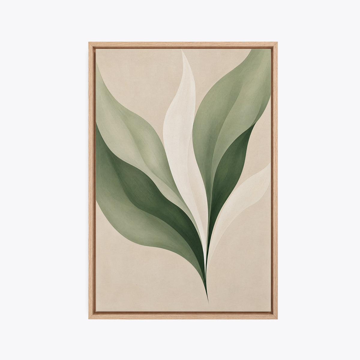Tableau déco botanique vert et beige encadré en chêne clair, vue de face, bouquet de feuilles stylisées tout en douceur