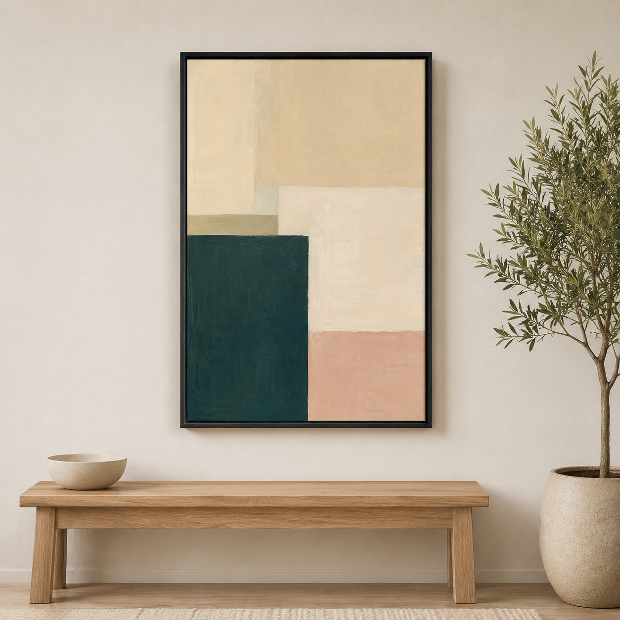 Vert profond et lin – Tableau abstrait géométrique