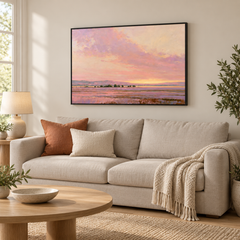 Heure exquise – Tableau paysage coucher de soleil rose et lavande