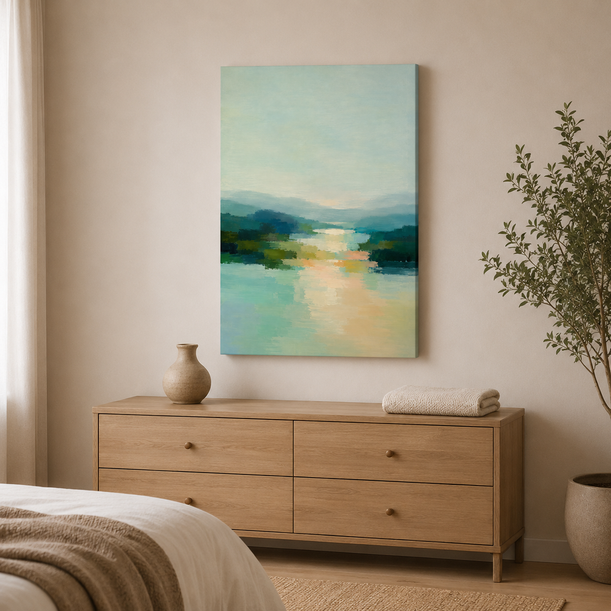 Matin calme – Tableau paysage abstrait bleu et vert