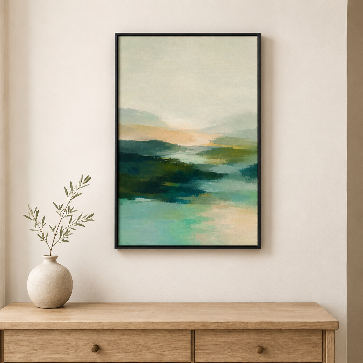 Aube sur l'eau – Tableau paysage abstrait bleu et vert