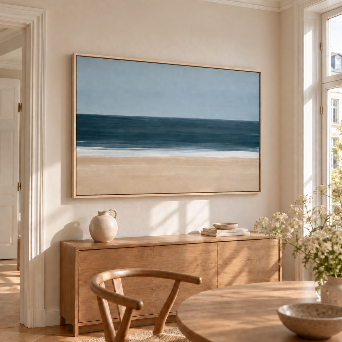 Grand large – Tableau bord de mer bleu et beige