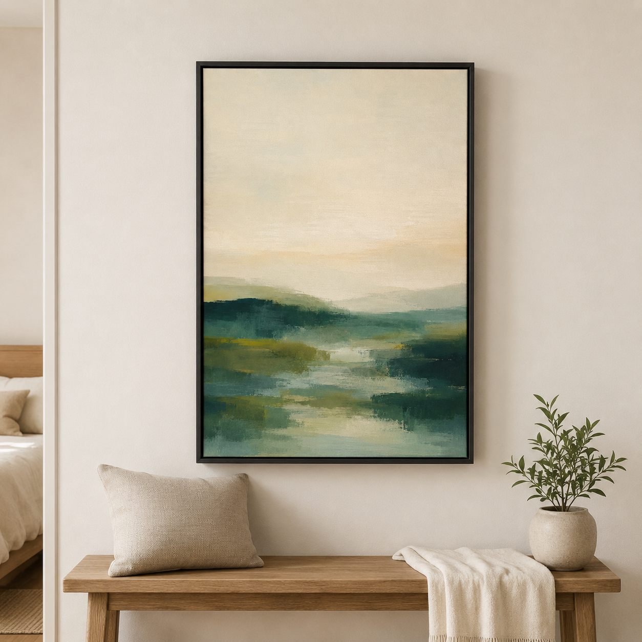 Lueur du matin – Tableau paysage abstrait vert et beige