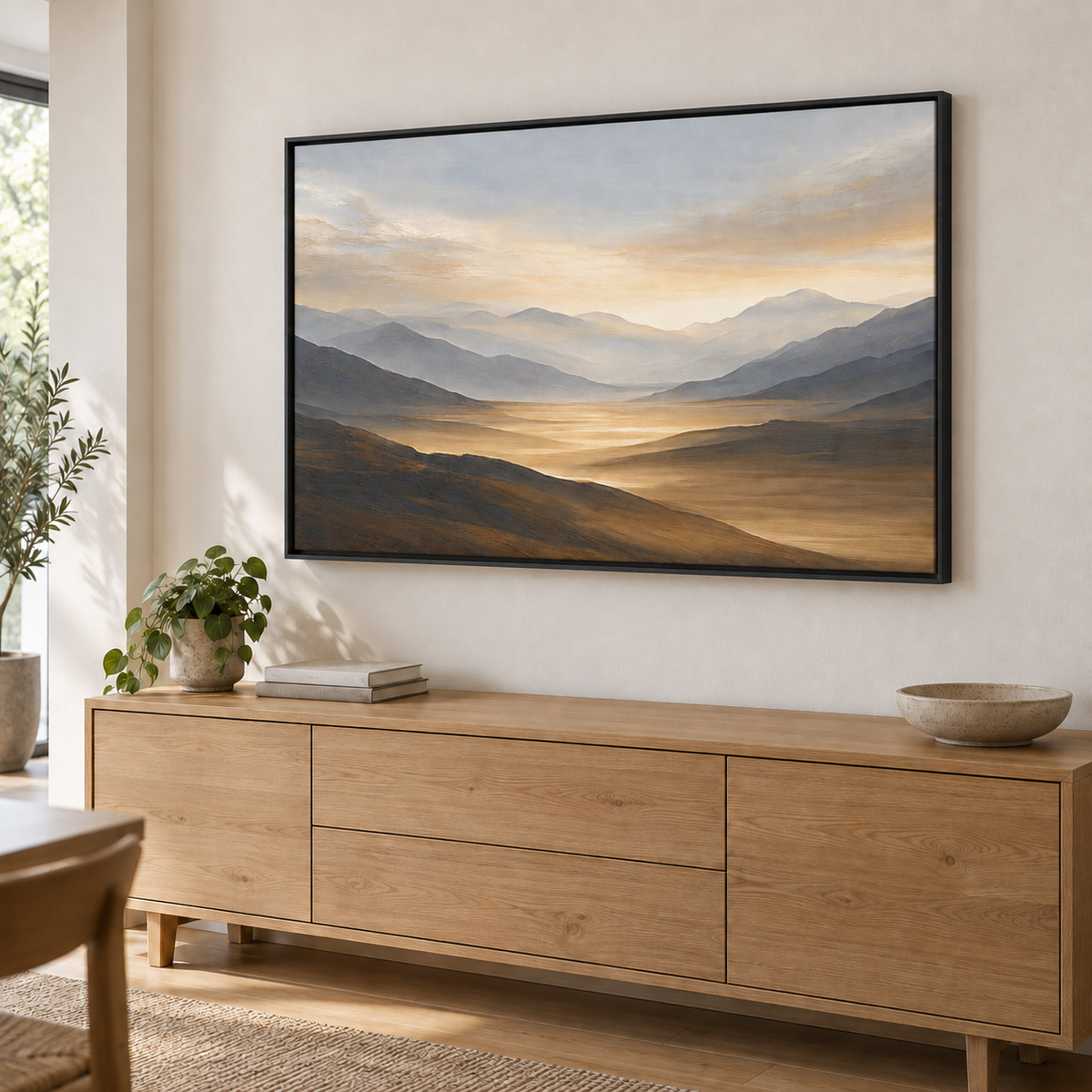Tableau décoration murale salon en cadre noir, vallée dorée et montagnes grises au-dessus d'un buffet en bois