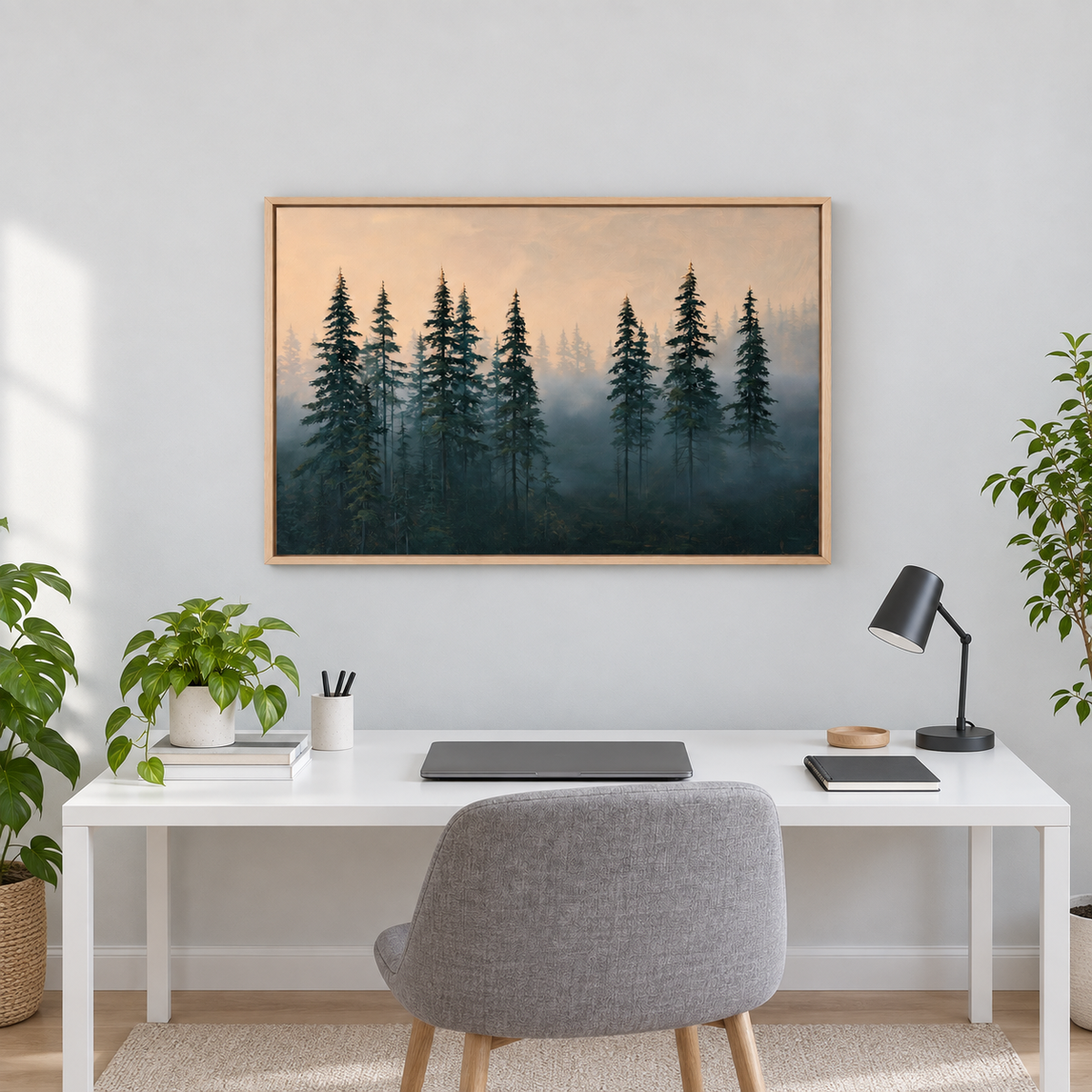 Tableau décoration bureau en cadre chêne clair, forêt de sapins dans la brume au-dessus d'un bureau blanc