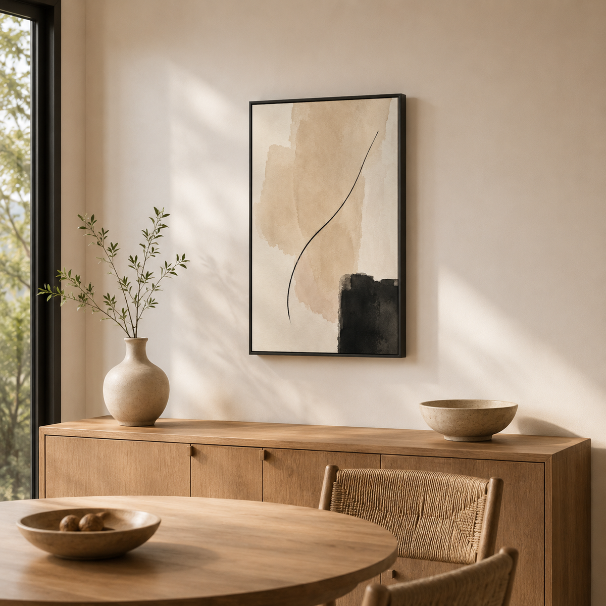 Courbe de sable – Tableau abstrait minimaliste beige et noir