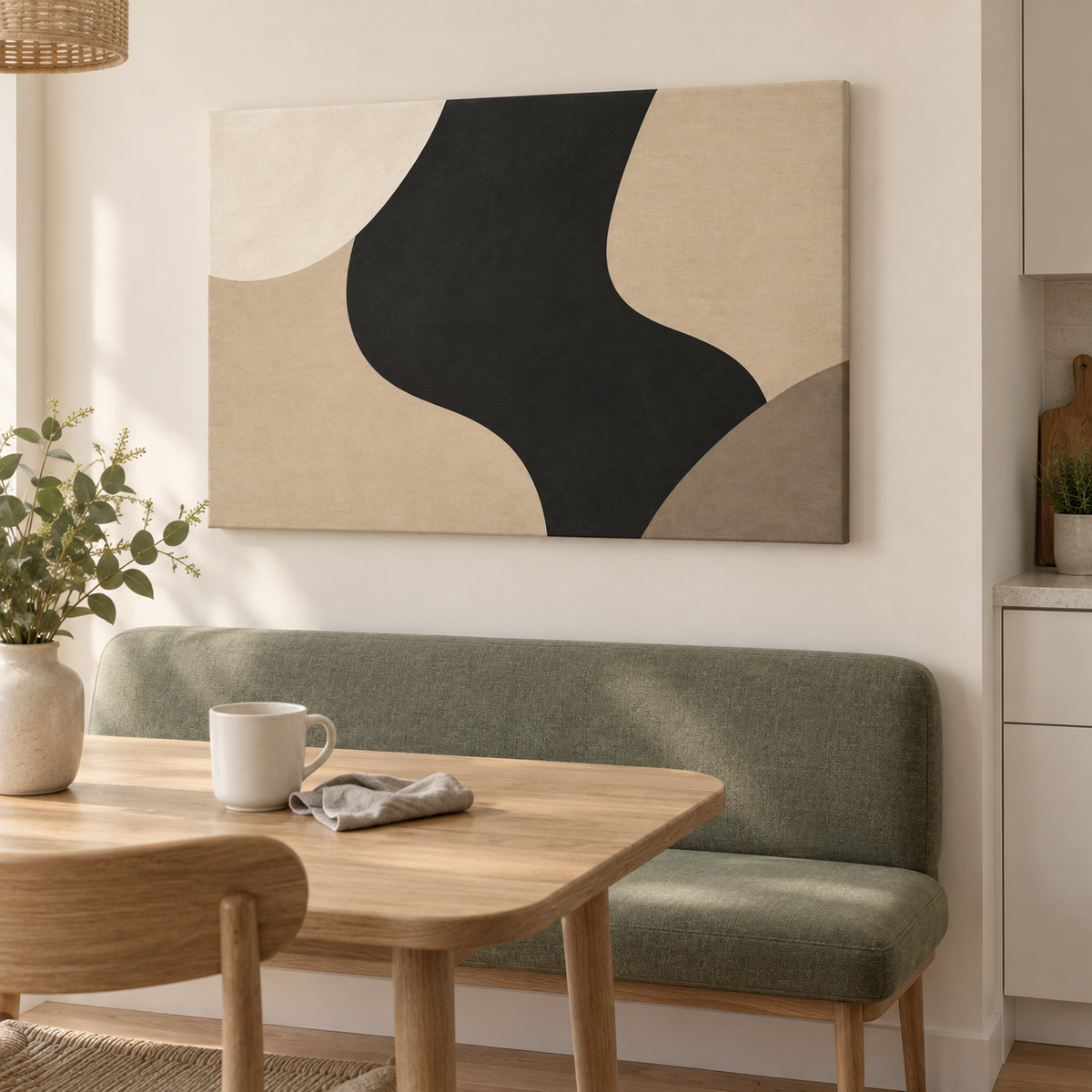 Toile sans cadre noir et beige accrochée dans un coin repas, au-dessus d'une banquette vert sauge et d'une table
