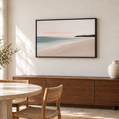 Vague à l'âme – Tableau bord de mer rose poudré et vert d'eau