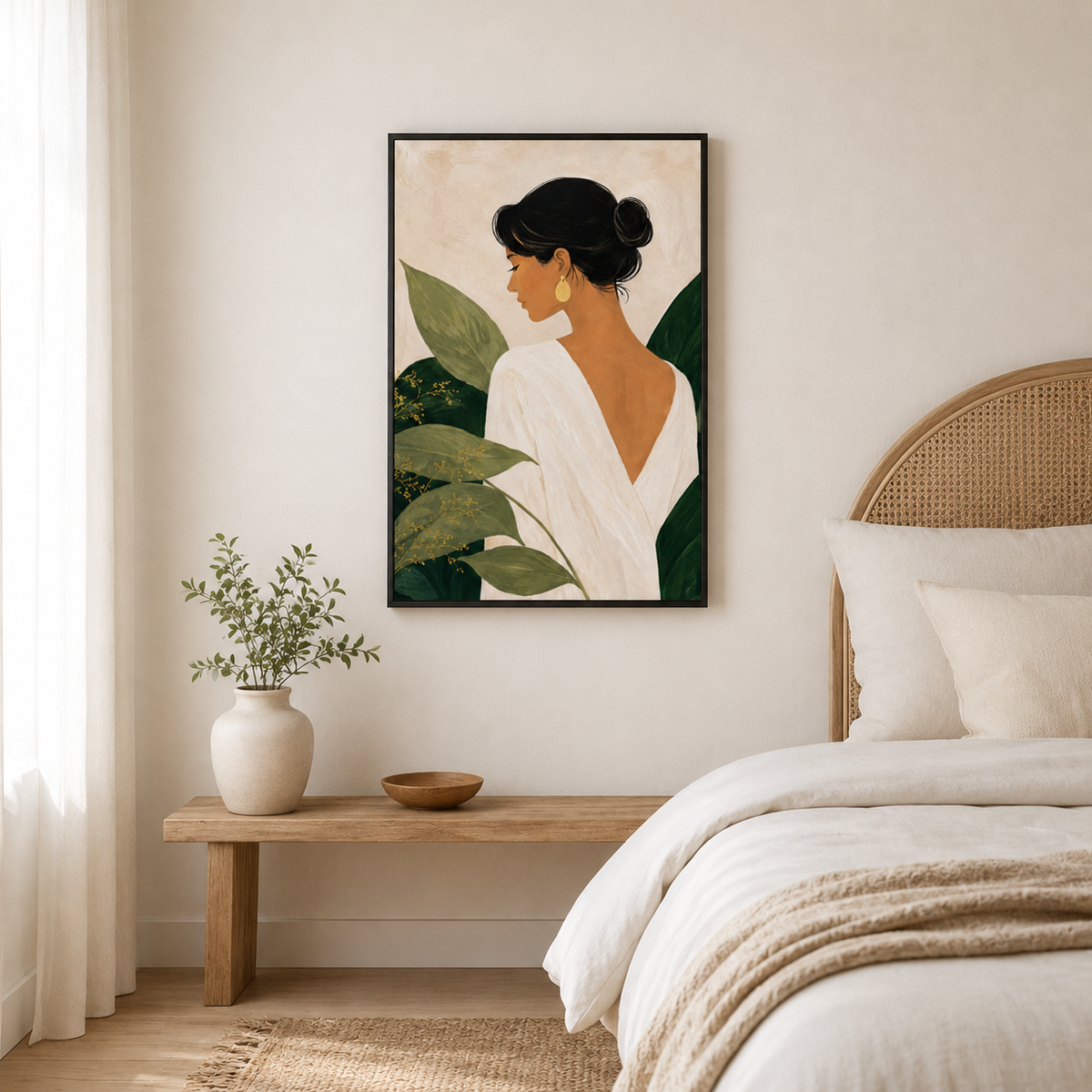 Dans une pensée – Tableau femme et feuilles vertes