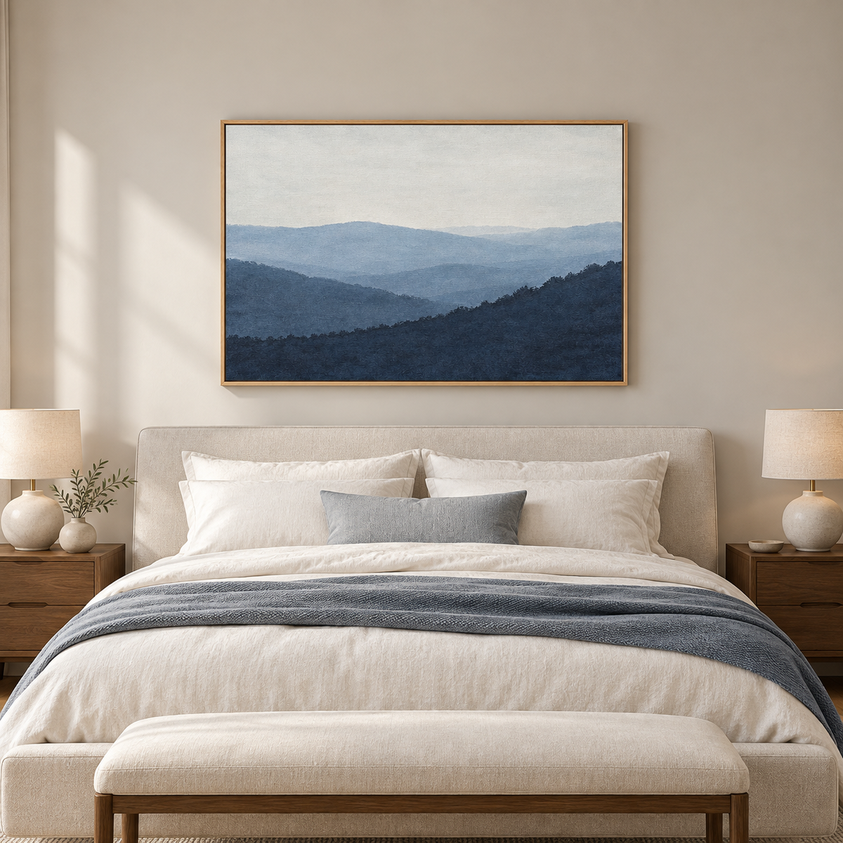 Tableau déco chambre adulte en cadre chêne clair, montagnes bleu ardoise au-dessus d'un lit au plaid bleu