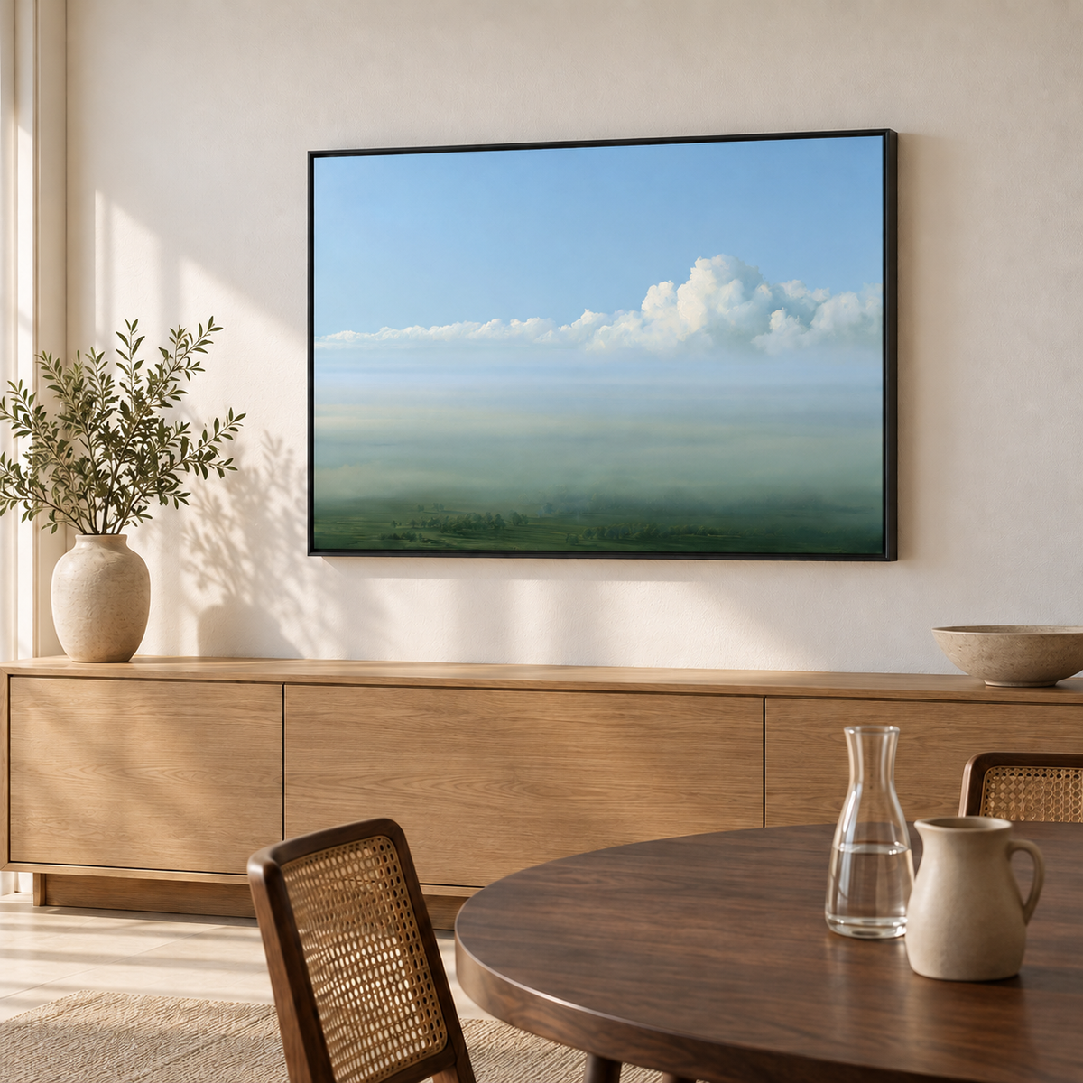 Tableau salle à manger en cadre noir, ciel bleu et nuage blanc au-dessus d'un buffet en chêne et d'une table ronde