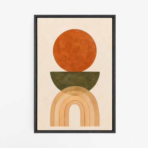 Tableau abstrait terracotta, vert olive et sable, vue en situation