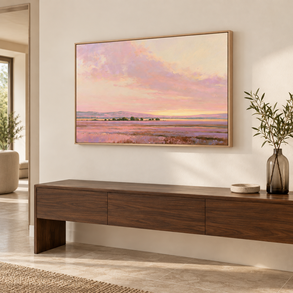 Heure exquise – Tableau paysage coucher de soleil rose et lavande