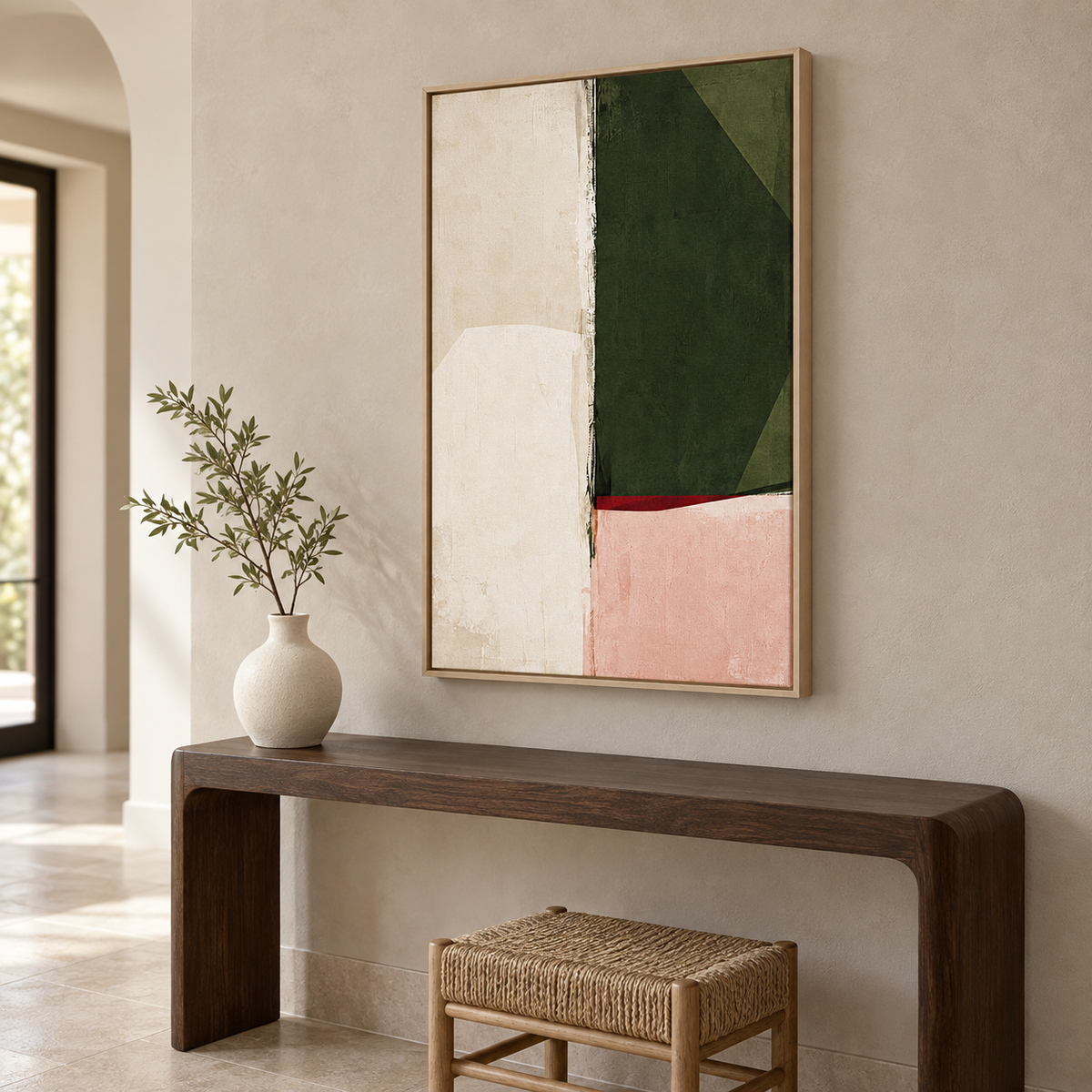 Lisière – Tableau abstrait vert olive et rose poudré