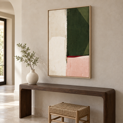 Lisière – Tableau abstrait vert olive et rose poudré