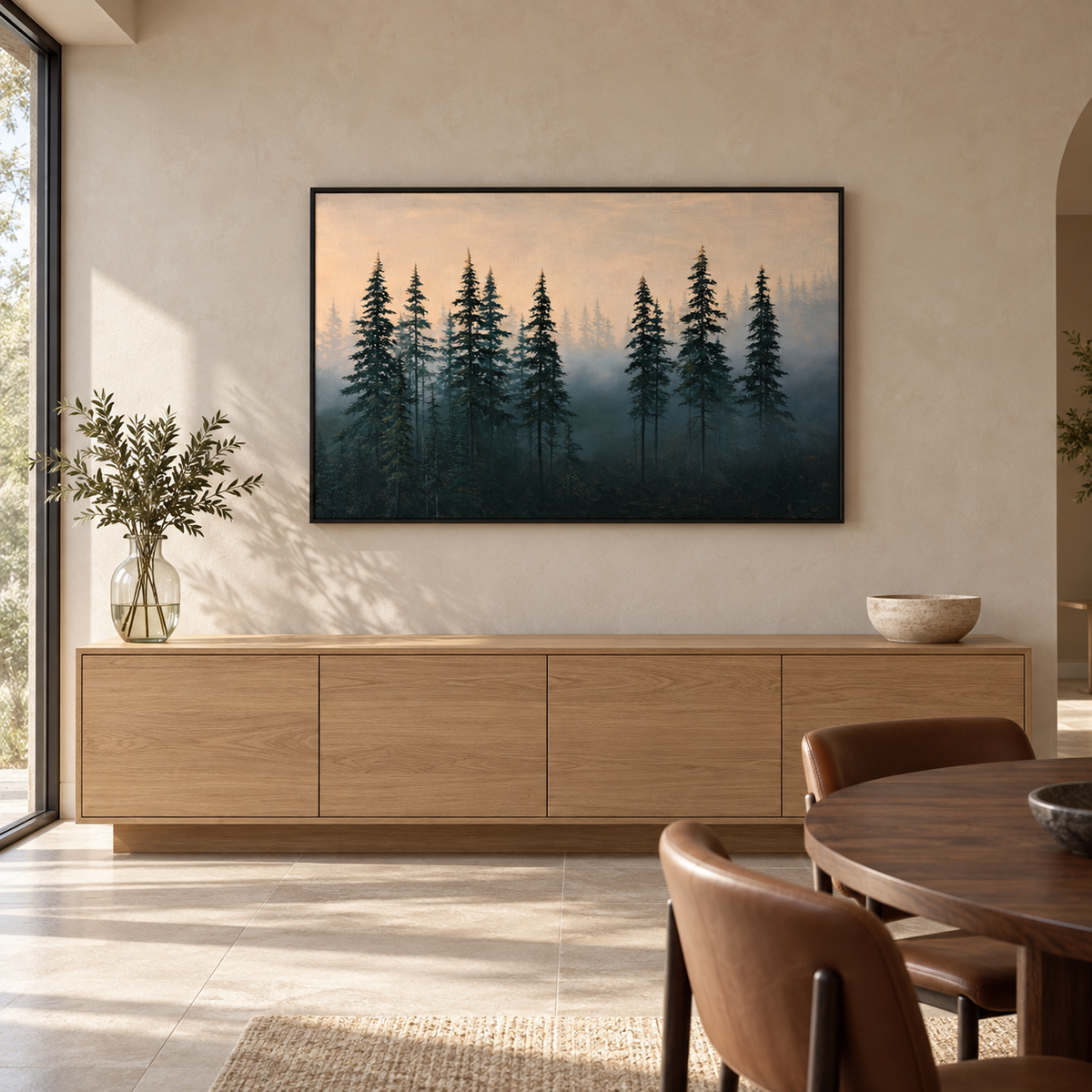 Tableau salle à manger en cadre noir, sapins dans la brume au-dessus d'un buffet en chêne et d'une table ronde