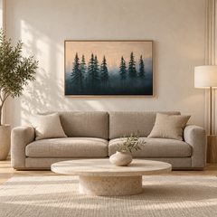 Sylve – Tableau paysage forêt brumeuse vert sapin et pêche