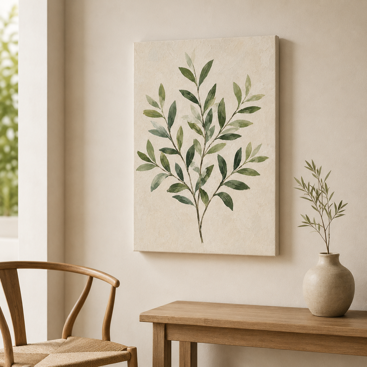 Herbier moderne – Tableau feuillage vert sur fond beige