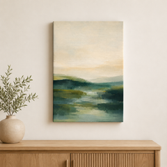 Lueur du matin – Tableau paysage abstrait vert et beige