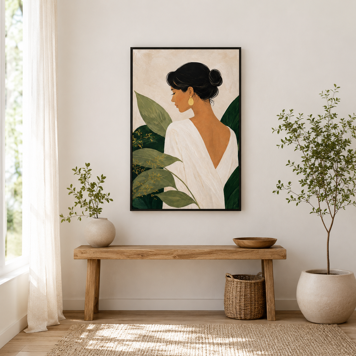 Dans une pensée – Tableau femme et feuilles vertes