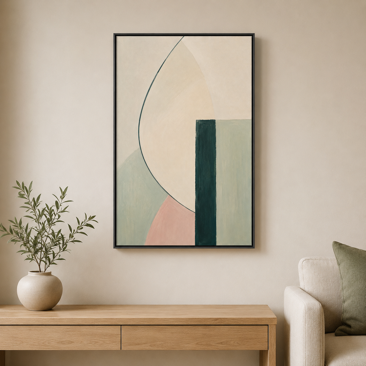 Douceur sauge et rose – Tableau abstrait géométrique pastel
