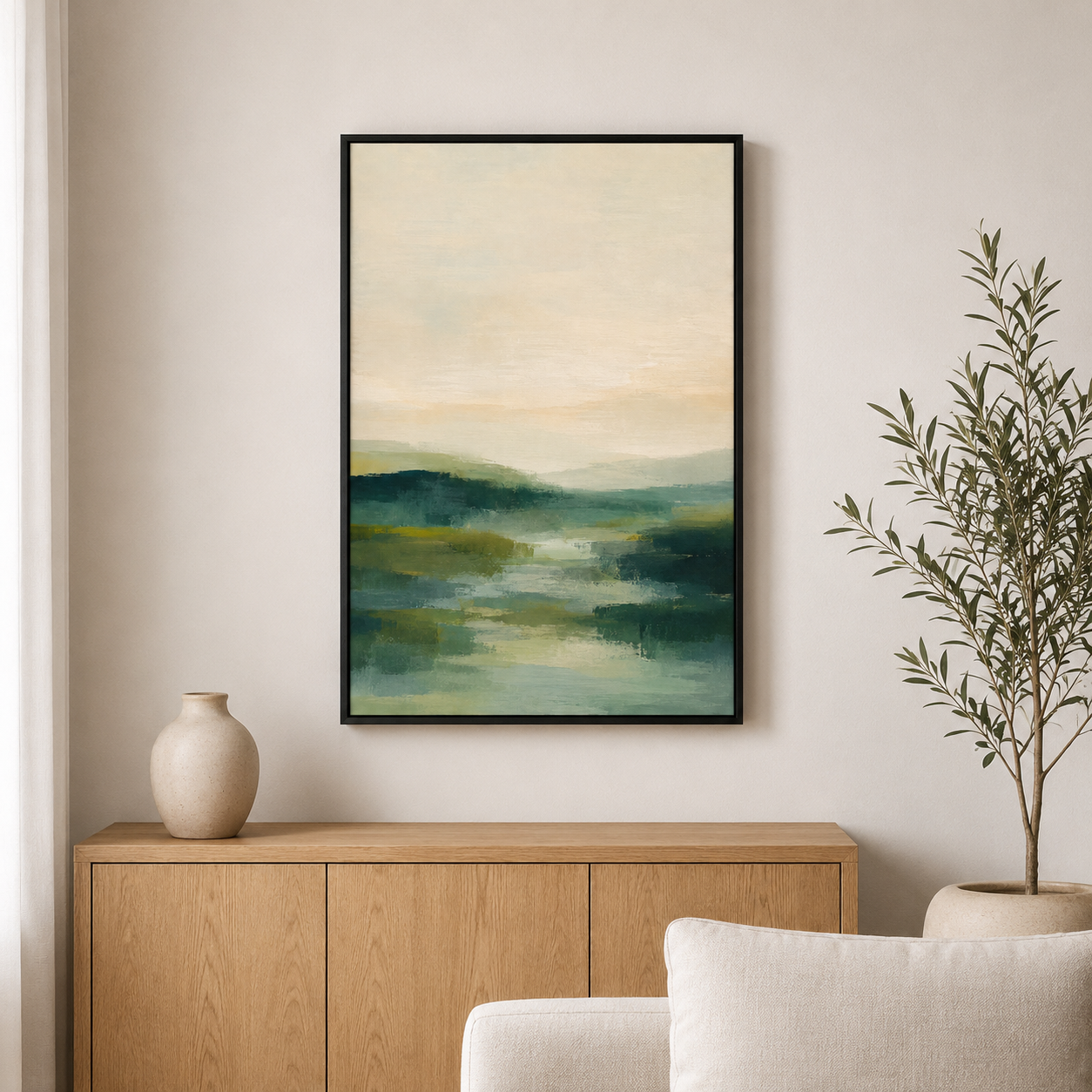 Lueur du matin – Tableau paysage abstrait vert et beige